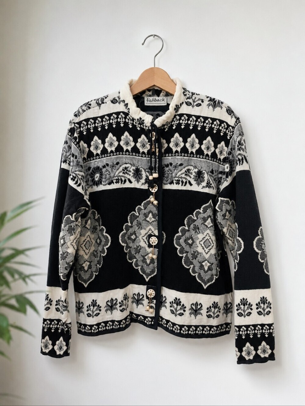 Flashback Women's Black & White Tapestry Knit Jacket XL Boho Southwestern Button